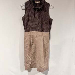 Ann Taylor Loft Gray Tan Polka Dots High Neck Ruffle Front Pleats Dress